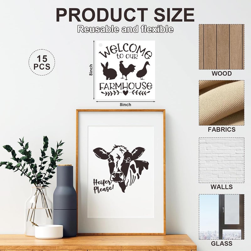 Resflyar 15 PCS 8 Inch Farmhouse Animals Stencils, Farm Reusable Plastic Templates for Painting on Wood Burning, Farm Animal Cow Pig Horse Stencils for Farmhouse Barn Furniture Wall Fabric DIY Crafts Decor - Image 2